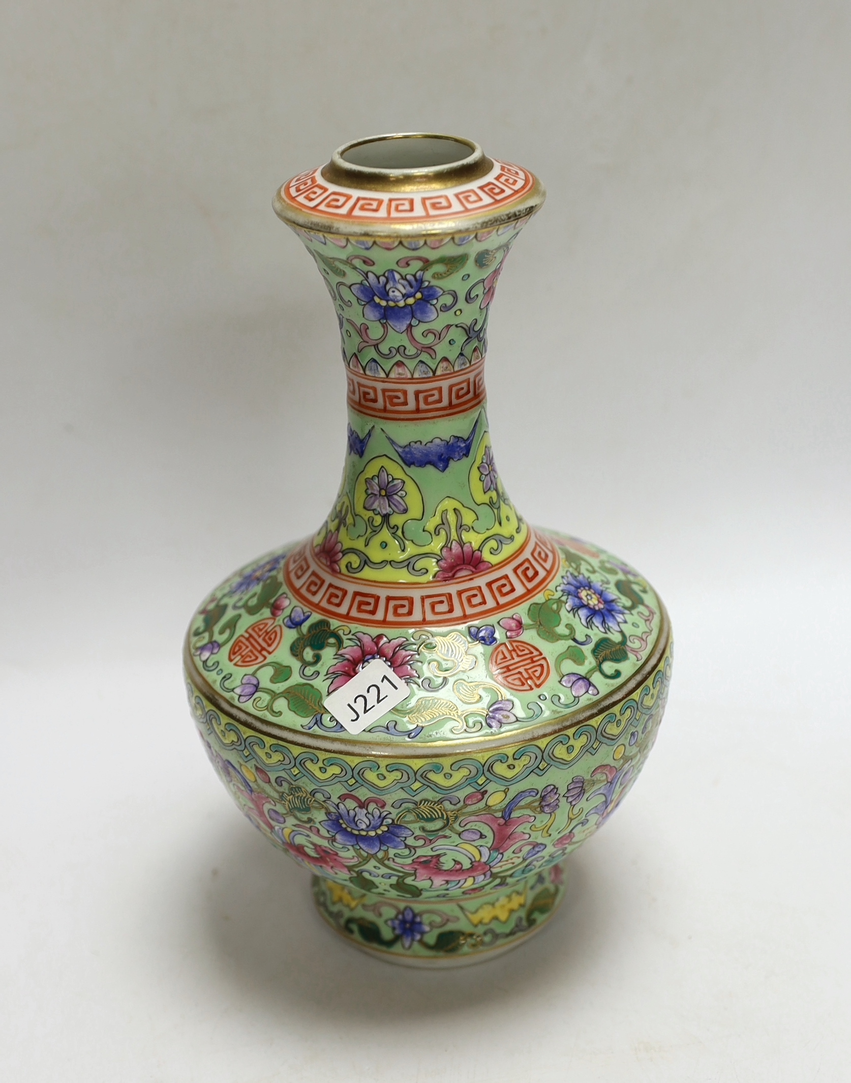 A Chinese enamelled porcelain celadon ground vase, 23.5cm, I box